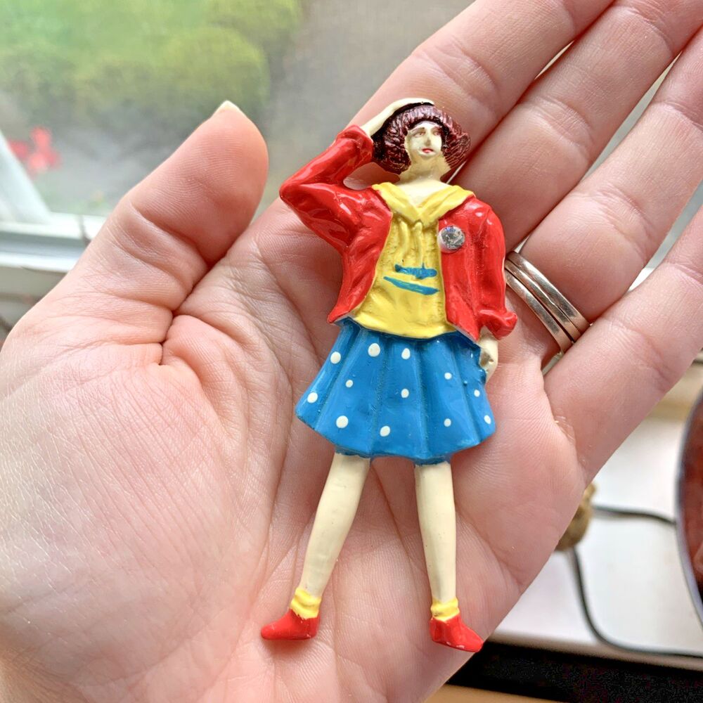 Vintage Figural Girl Brooch 3.5" Red Jacket Blue Skirt Enamel Pin Mid Century